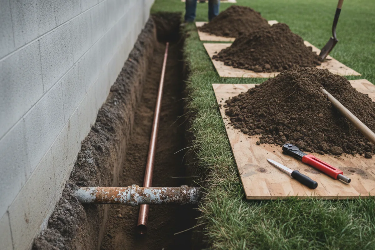 Excavated water line trench during Sewer Line Repair in Comfort